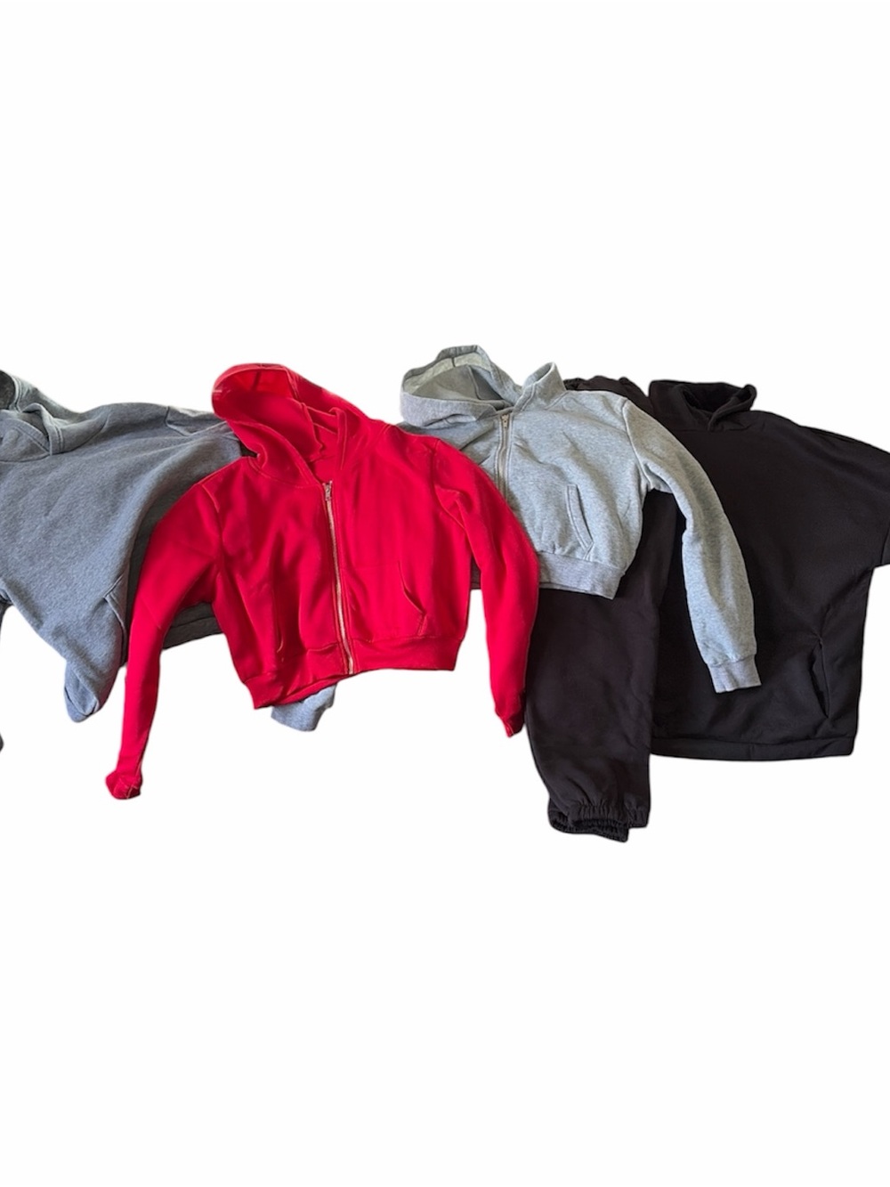 2 zip up hoodies, 2 hoodies and 1 sweatpant